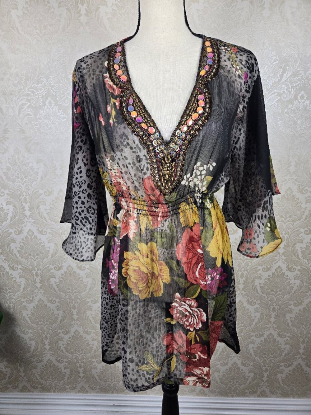 Solitaire Size Medium Sheer Floral Animal Print Beach Coverup Beaded Neckline